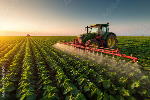 Green Tractor Spraying Pesticides on field Plantation