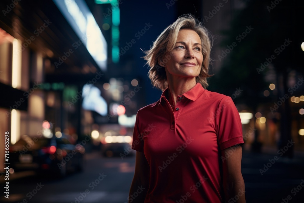 Portrait of a blissful woman in her 50s wearing a breathable golf polo against a bustling city street at night. AI Generation Portrait of a blissful woman in her 50s wearing a breathable golf polo against a bustling city street at night. AI Generation