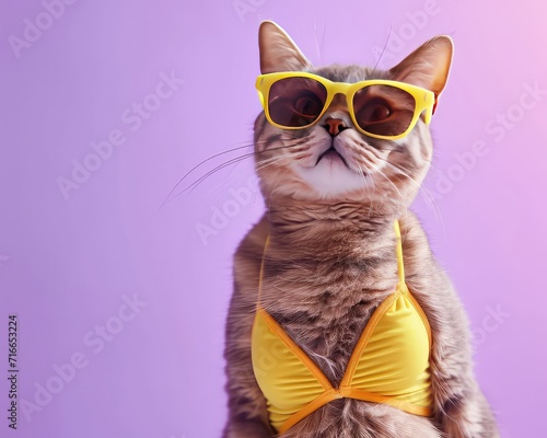 A photo of a cat in a neon yellow bikini, with trendy sunglasses, on a lavender background, exuding summer coolness, © Daunhijauxx