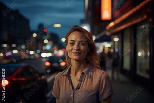 Portrait of a blissful woman in her 40s wearing a breathable golf polo against a bustling city street at night. AI Generation © CogniLens