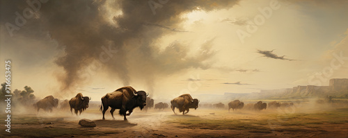 Horde of angry buffalos running to camera. cloud of dust everywhere.