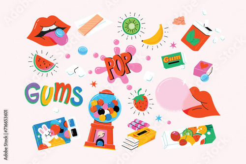 Abstract funny cute gums and bubbles elements in comic style on light background. A large set of colorful vector isolated illustrations. Cartoon style.  Poster cards templates. Sugar sweet gum party.
