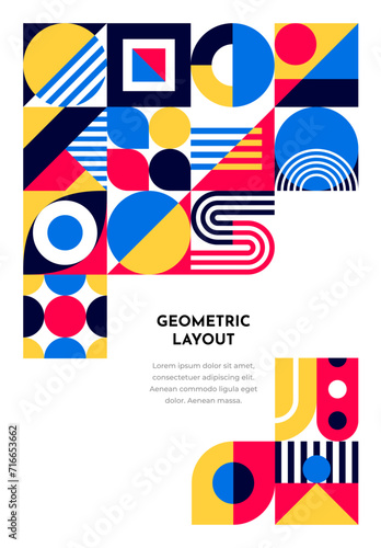 Abstract poster and banner with bauhaus geometric pattern. Vector background with minimal shapes. Vintage art layout template with bold primitive elements as circles, triangles, dots and squares