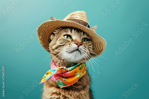 A photo of a cat wearing a chic summer hat and a bright neckerchief, in a thoughtful pose, against a teal background in a sophisticated,