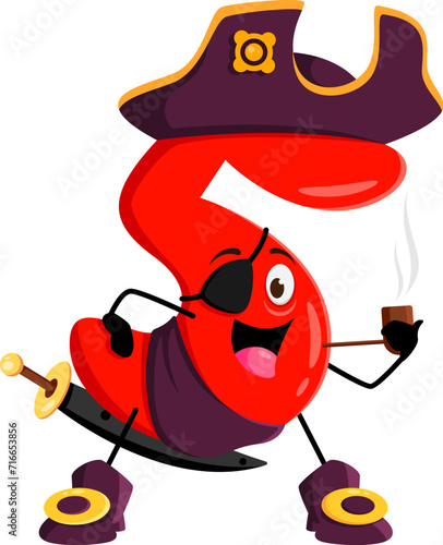 Cartoon math number five pirate captain corsair sailor character. Isolated vector swashbuckling numeral 5 personage sails the seas with a smoking pipe, blending arithmetic antics with seafaring charm