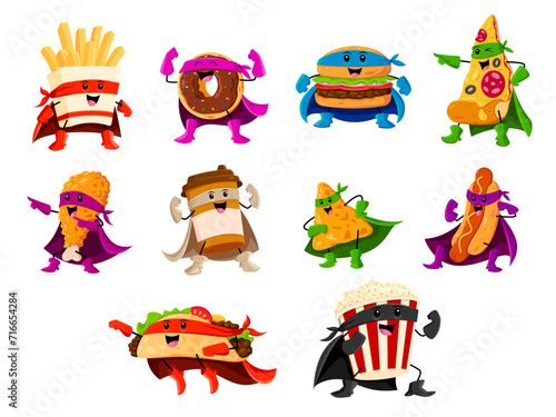 Cartoon fast food superhero characters. Vector comics personages french fries, donut, burger and pizza slice, chicken drumstick, coffee cup, nachos and hot dog with tacos and pop corn wear costumes