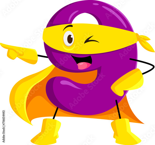 Cartoon math number nine superhero character wear yellow cape and mask. Isolated vector educational digit 9 defender school personage with a wink eyes and smiling mouth, ready to fight with ignorance