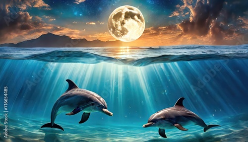 background of amazing crescent full moon over the sea and dolphins under the sea