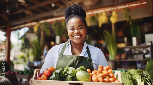 Portrait of a Black Female Working at a Farmers Market Stall with Fresh Organic Agricultural Products. African Businesswoman Holding a Crate with Fruits and Vegetables, Looking at Camera and Smiling.