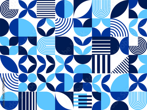 Modern white, dark and light blue abstract geometric pattern background. Vector sleek vintage tile, creating a harmonious fusion of retro aesthetics and contemporary design elements that captivate eye