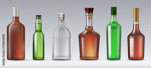 Realistic alcohol glass bottles. Scotch and beer, gin and bourbon, absinthe, brandy bottles. Vector containers designed to store and transport alcoholic beverages, preserving their quality and flavor