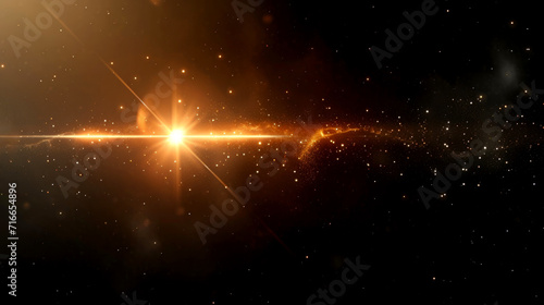 A flash of bright orange-yellow light on a dark, black background. Stars in outer space, movement in the galaxy photo