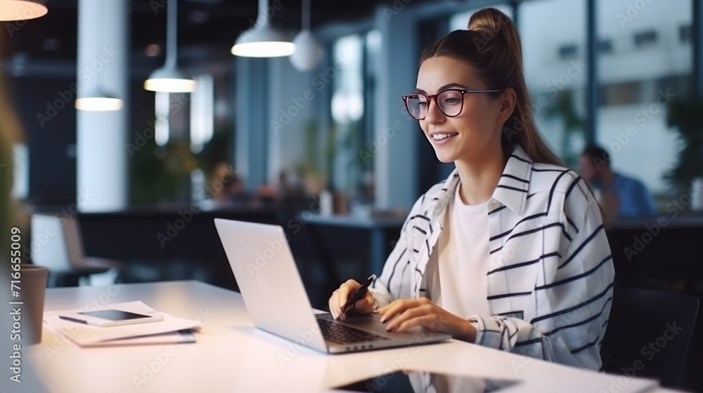 Positive young female programmer working over table with laptop. Positive young female programmer working over table with laptop.