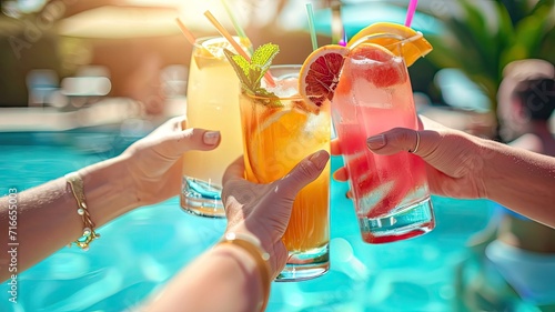 A photo of a close-up of hands toasting with summer cocktails at a poolside party, with a sunlit, refreshing background, 