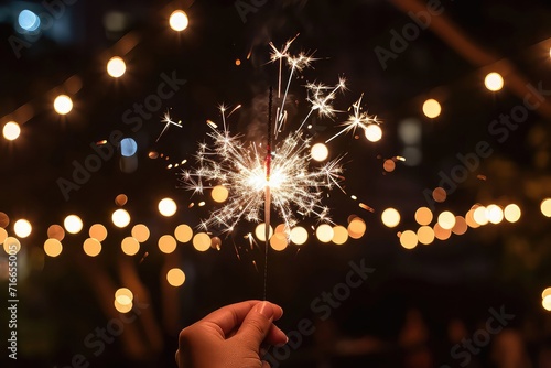 A photo of a close-up on a hand holding a sparkler at a summer night party, with blurred lights in the 