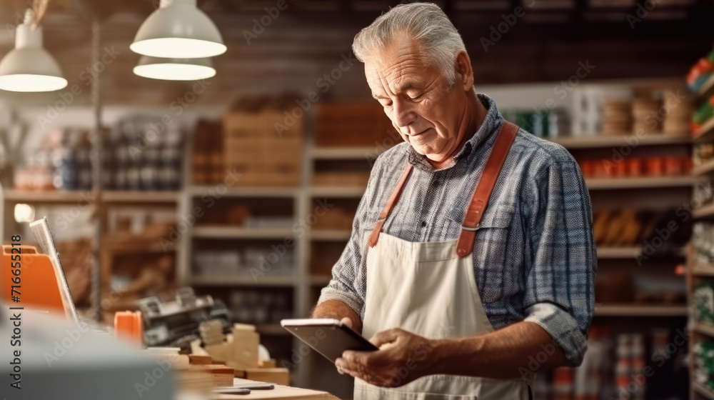 Elderly man working in a hardware store using digital tablet. Small business concept. Elderly man working in a hardware store using digital tablet. Small business concept.