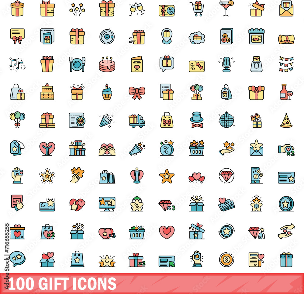 Fototapeta premium 100 gift icons set. Color line set of gift vector icons thin line color flat on white
