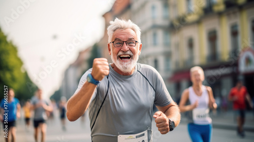 Portrait of a Senior Male Jogger Running in a City Marathon and Being Cheered for by the Audience. Healthy and Fit Elderly Man Enjoying Physical Activity and Staying in Shape. photo