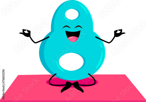 Cartoon math number eight character on yoga fitness sport. Isolated vector serene mathematical symbol 8 peacefully meditates in lotus pose on vibrant mat embracing tranquility of numerical mindfulness