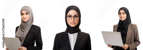 Islamic Businesswoman Set: Smiling Muslim Women with Laptops in Glasses and Hijab, Isolated on Transparent Background, PNG