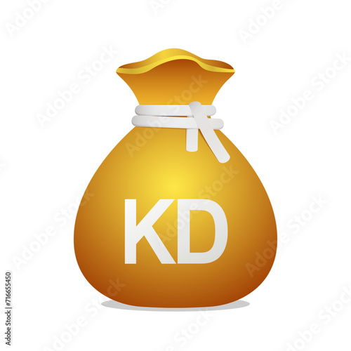 Golden bag Kuwaiti dinar currency symbol. Money bag with dinar sign. 3D Illustration of a bag with money.