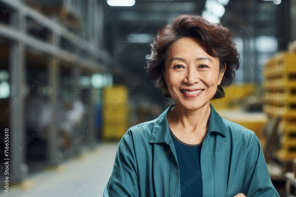 Portrait of a smiling asian woman in her 60s wearing a chic cardigan against a bustling factory floor. AI Generation Portrait of a smiling asian woman in her 60s wearing a chic cardigan against a bustling factory floor. AI Generation