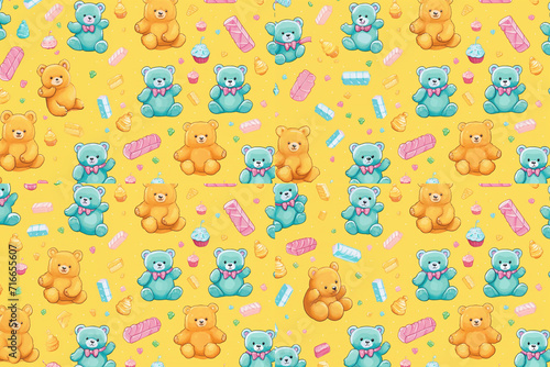 Illustration Style Jelly Bear with Pastel Colors on a Yellow Background in Various Sizes for Fabric Pattern
