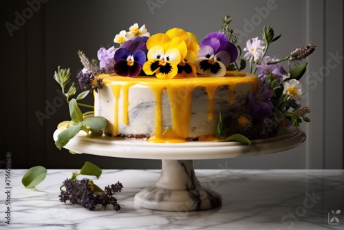 Cake decoration sample for cooking courses. cake decorated with edible flowers, violets, roses and daisies