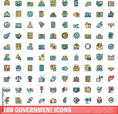100 government icons set. Color line set of government vector icons thin line color flat on white