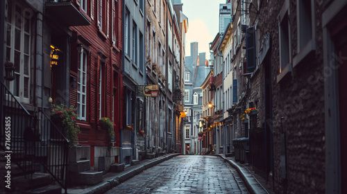 A historic district in a city with old buildings and narrow streets. photo