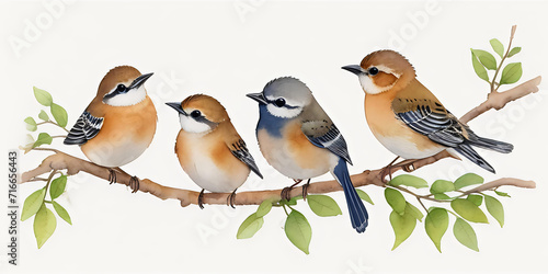 Watercolor birds on branch in pastel tones