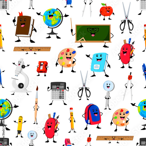 Cheerful funny school stationery characters seamless pattern. Vector tile with cartoon pencil case, calculator, microscope, pen or scissors. Globe, ruler, paint palette and blackboard, textbook or bag