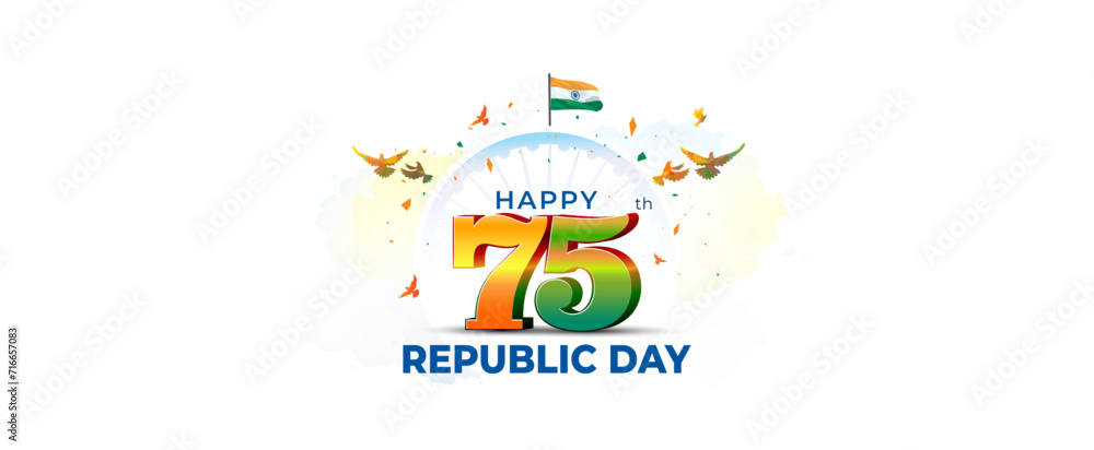 India Republic Day celebration background. Happy 75th Republic day 3d text with Indian Tricolor flag.