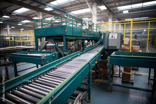 Interior of industrial building with conveyor equipment and machinery for manufacturing process