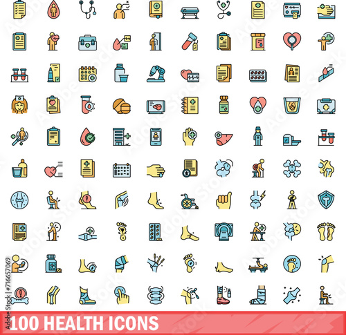 100 health icons set. Color line set of health vector icons thin line color flat on white