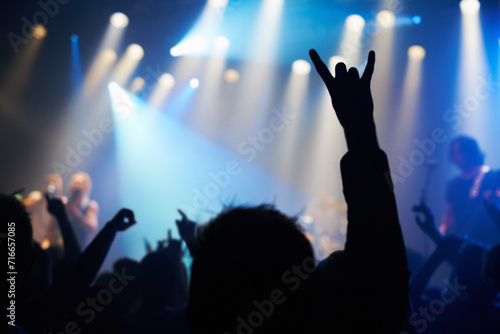 Nightclub, festival and audience with rock or silhouette for music, band and concert with spotlight, dancing or show. Disco, live event and performance with entertainment, crowd and rear view gesture