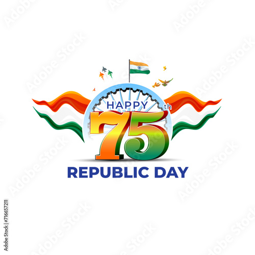 Celebrating 75 years of republic day India. Happy 75th Republic day 3d text with Indian Tricolor flag.