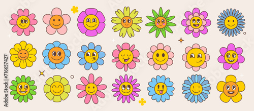 Retro groovy hippie daisy sunflower flowers cute happy characters. Isolated vector joyful and whimsical garden chamomile blossom faces, radiating vibrant energy, positive smiles summer vibes