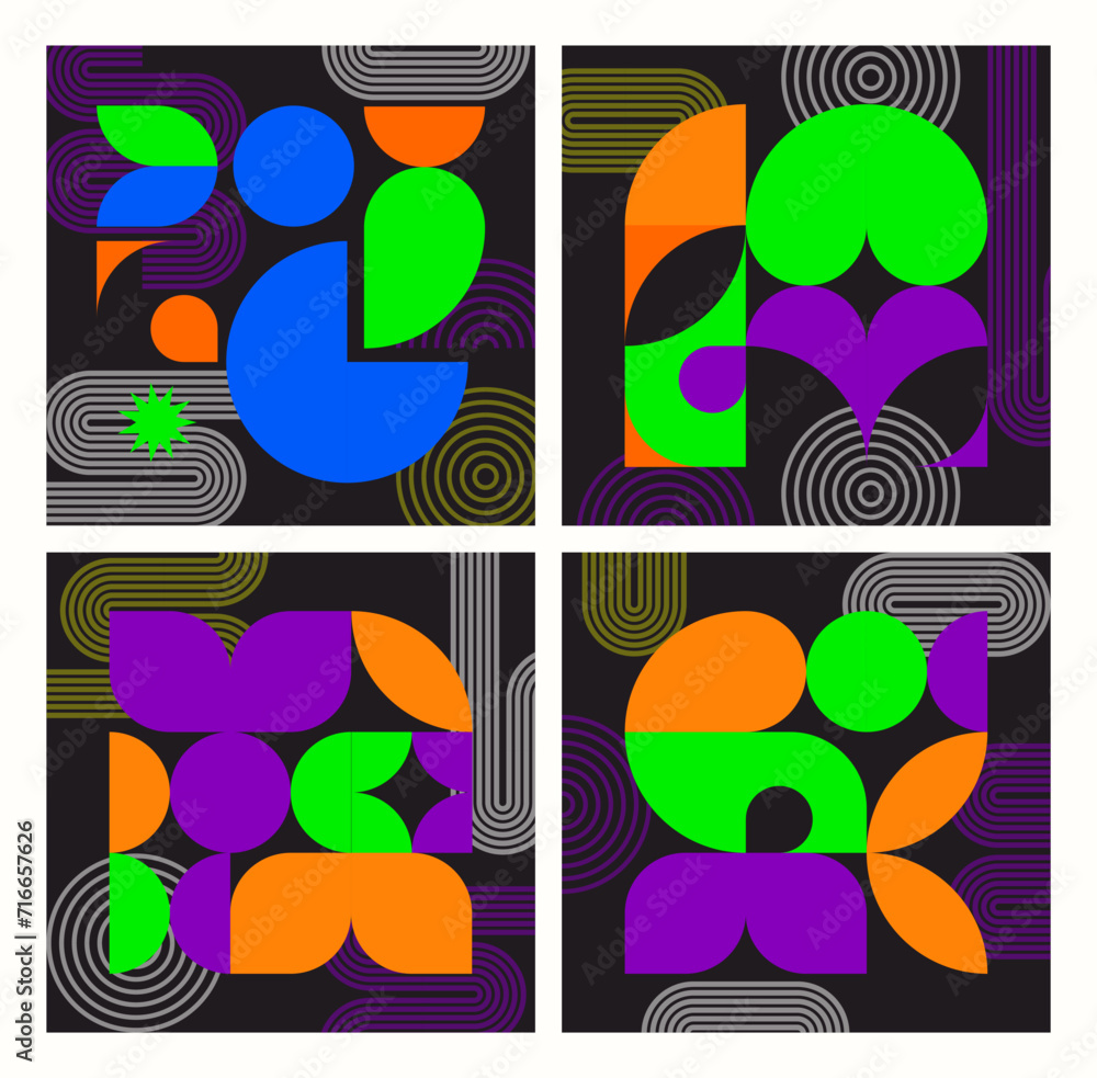 Modern purple, orange and green abstract geometric bauhaus tile pattern. Contemporary vector design features bold colors and shapes, merging form and function in visually dynamic and harmonious art