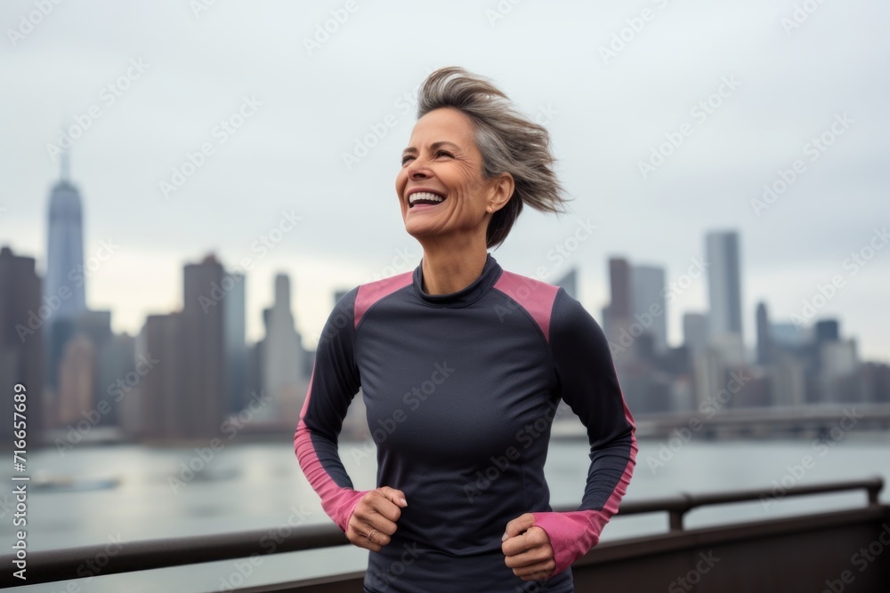 Portrait of a smiling woman in her 50s showing off a lightweight base layer against a stunning skyscraper skyline. AI Generation Portrait of a smiling woman in her 50s showing off a lightweight base layer against a stunning skyscraper skyline. AI Generation