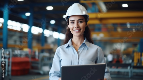 Close up smiling face of engineer manager leader woman wearing helmet holding laptop looking at camera at manufacturing factory.