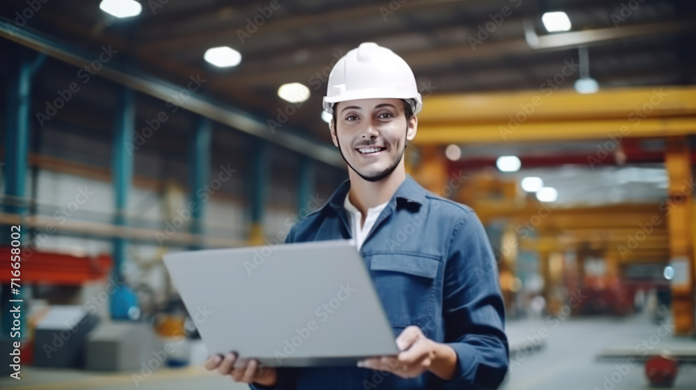 Close up smiling face of engineer manager leader man wearing helmet holding laptop looking at camera at manufacturing factory. Close up smiling face of engineer manager leader man wearing helmet holding laptop looking at camera at manufacturing factory.