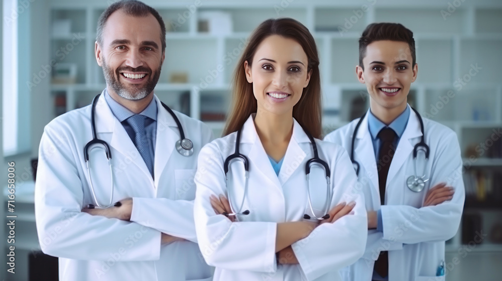 Team of smiling doctors looking at camera with arms crossed in medical office. Team of smiling doctors looking at camera with arms crossed in medical office.