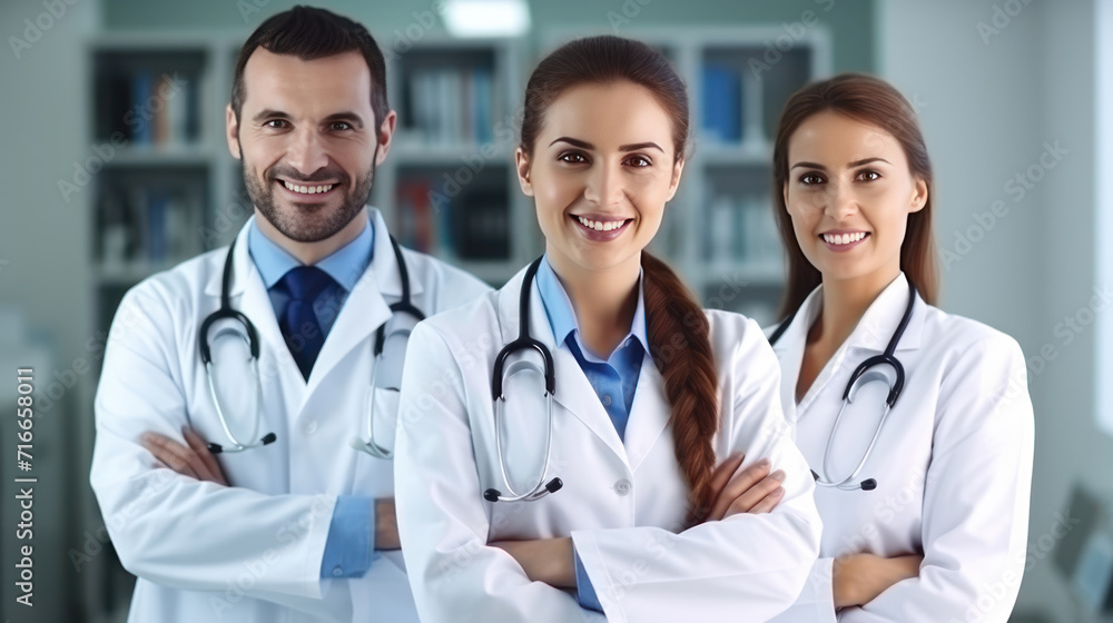 Team of smiling doctors looking at camera with arms crossed in medical office. Team of smiling doctors looking at camera with arms crossed in medical office.
