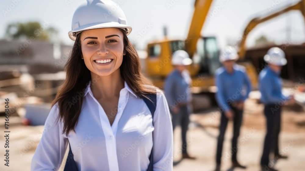 Female architect at a construction site looking happy. Female architect at a construction site looking happy.