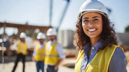 Female architect at a construction site looking happy. photo