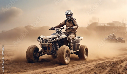 Quad bike in dust cloud, sand quarry on background. ATV Rider in the action. digital ai