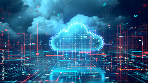 Cloud computing concept background. Digital data processing in the virtual cloud abstract background. Glowing digital cloud with pixels, lines, connectivity, and data flow in the virtual world.  photo