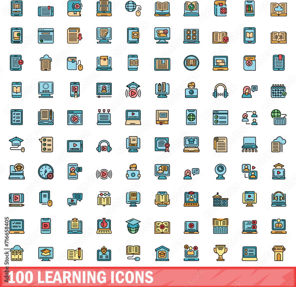 100 learning icons set. Color line set of learning vector icons thin line color flat on white 100 learning icons set. Color line set of learning vector icons thin line color flat on white