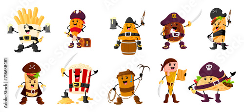 Cartoon fast food pirate and corsair characters. Isolated vector french fries, chicken drumstick, nachos, donut and burrito. Pop corn, coffee, ice cream and taco adventurous buccaneer personages